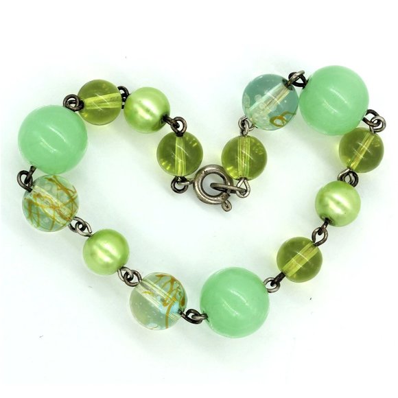 925 STERLING, jadite, pearl, art glass  bead bracelet 7" 16.8 grams - Picture 2 of 4